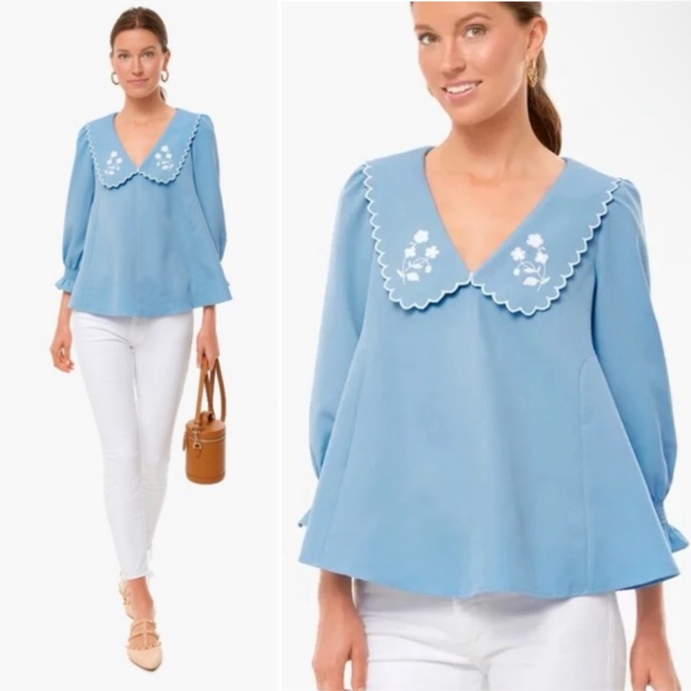 Tuckernuck Light Blue Embroidered Scallop Collar Blouse